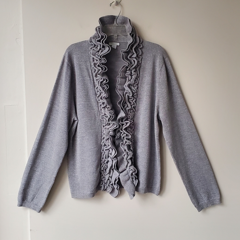 Garnet Hill Heather Gray Ruffle-Front Cardigan Sweater